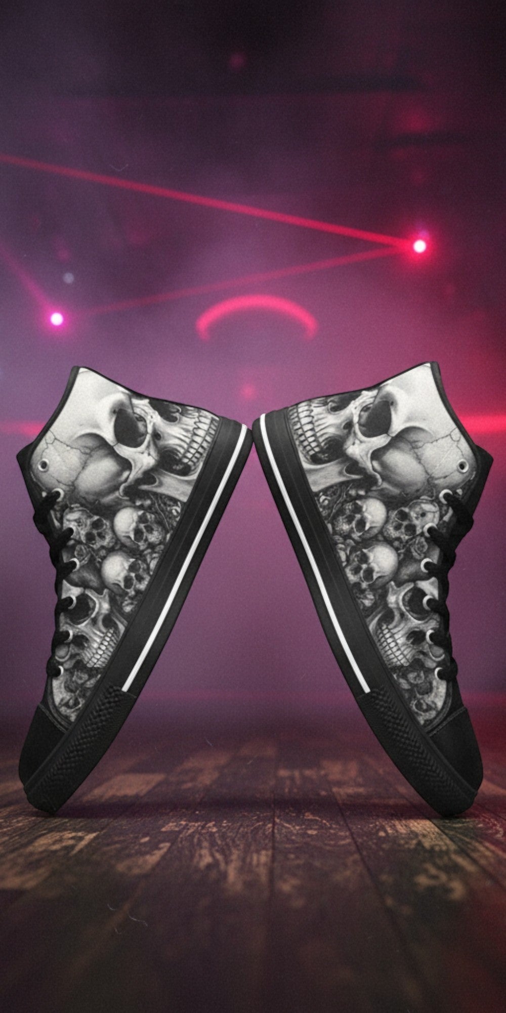 Women's Grey Skull & Moon Dark Gothic custom high-top canvas shoes — wearable art by Freaky Shoes