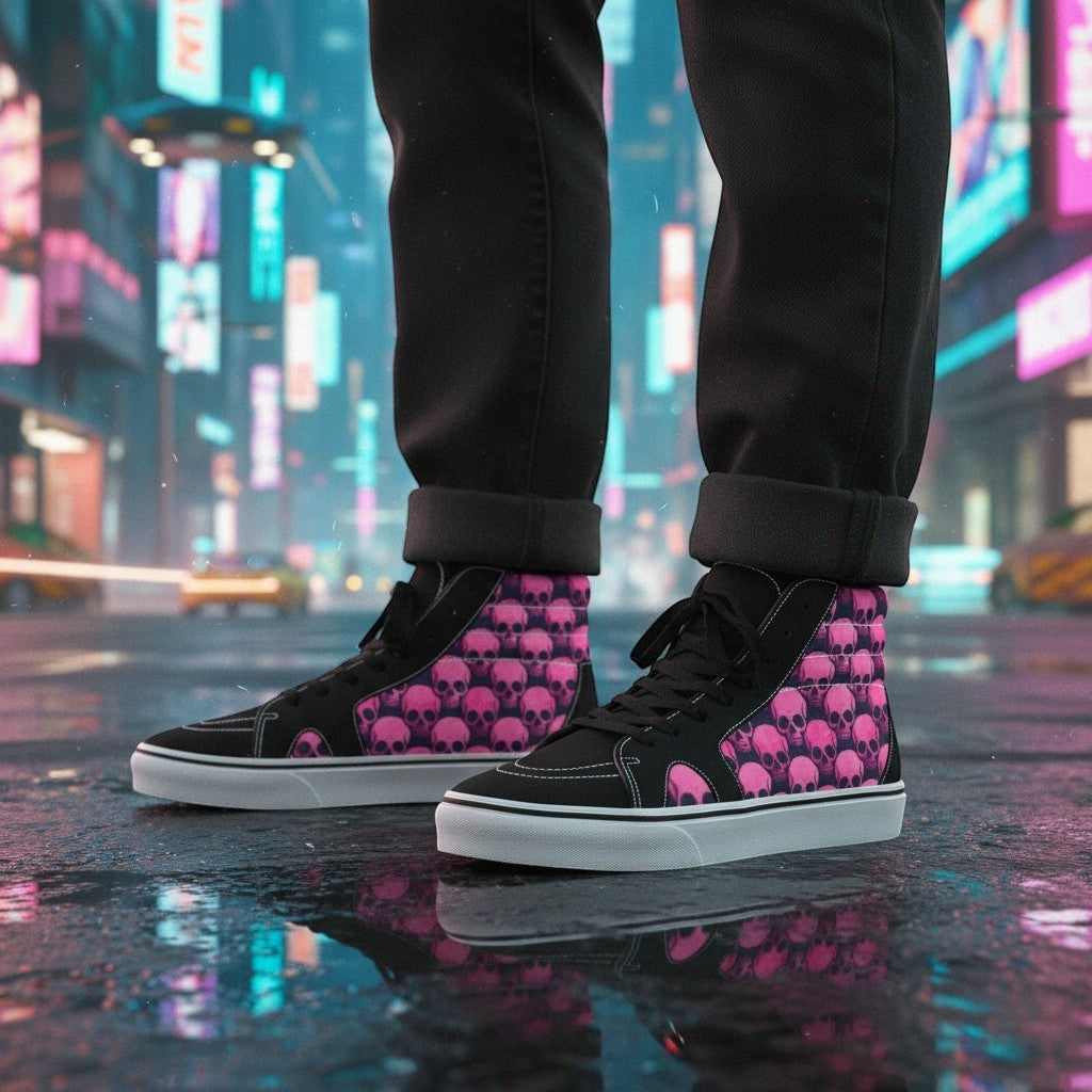 Freaky Shoes® women's high-top canvas skate shoes featuring a black and pink skull comix print in a city street setting.