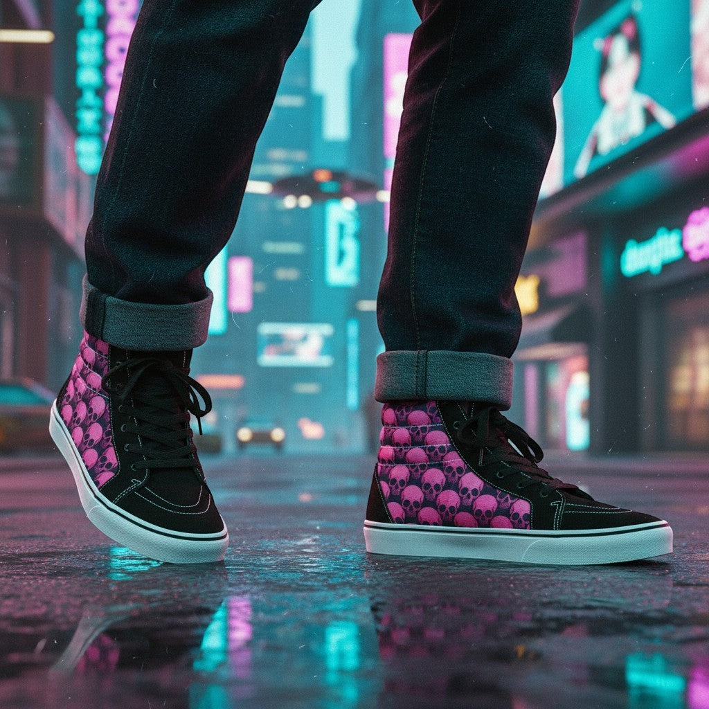 Freaky Shoes® women's high-top canvas skate shoes with pink and black skull comix art print on a city street.