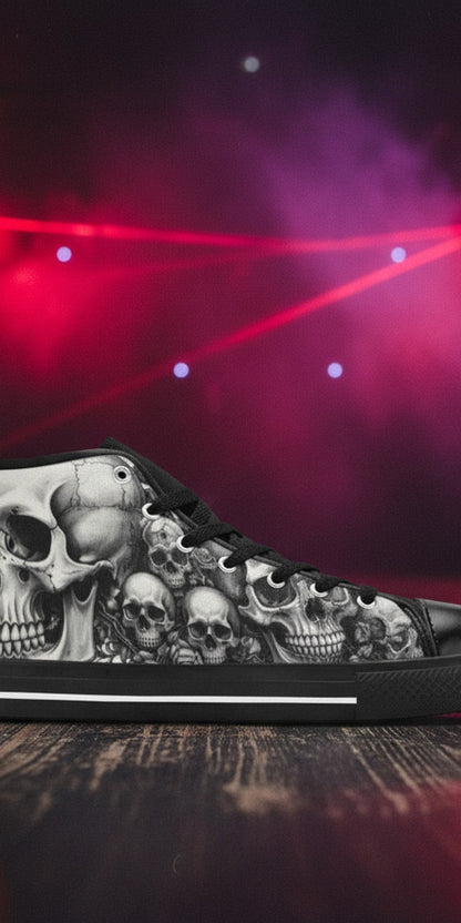 Women's Grey Skull & Moon Dark Gothic high-top canvas shoes — one-of-a-kind custom printed art, Freaky Shoes