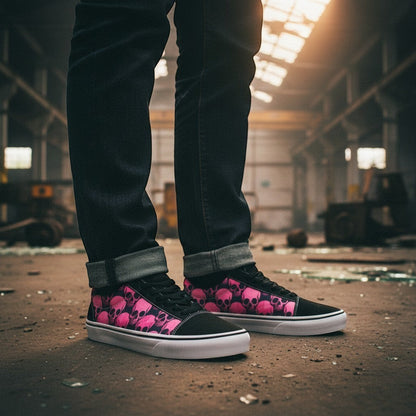 Freaky Shoes® women's low-top canvas skate shoes featuring a black and pink skull comix print in an industrial setting