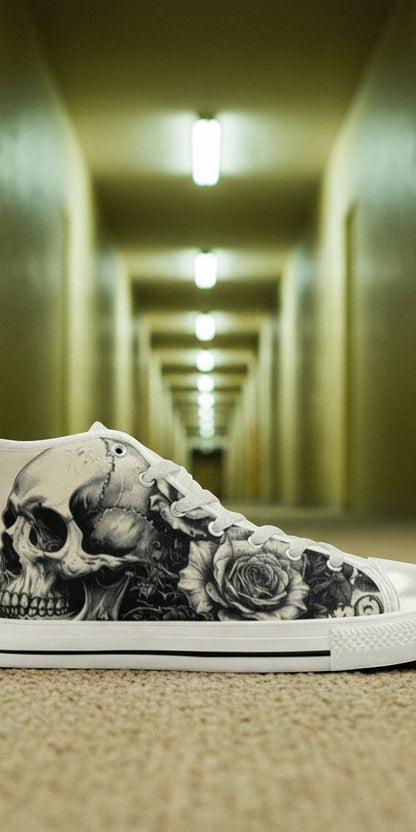 Men's Black White Skull Gothic Art hand-made high-top canvas shoes — unique wearable art by Freaky Shoes
