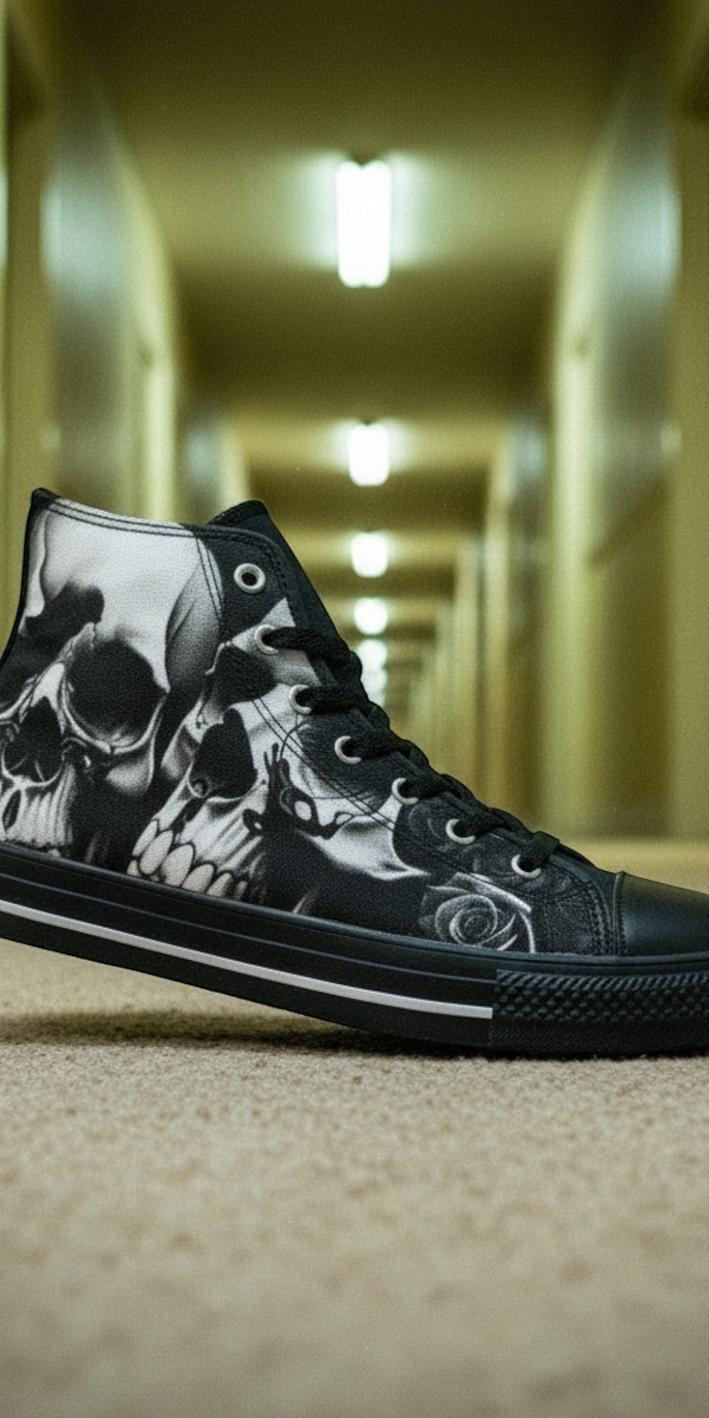Women's Greyscale Skulls & Roses Black & White high-top canvas shoes, custom full-wrap printed design — Freaky Shoes