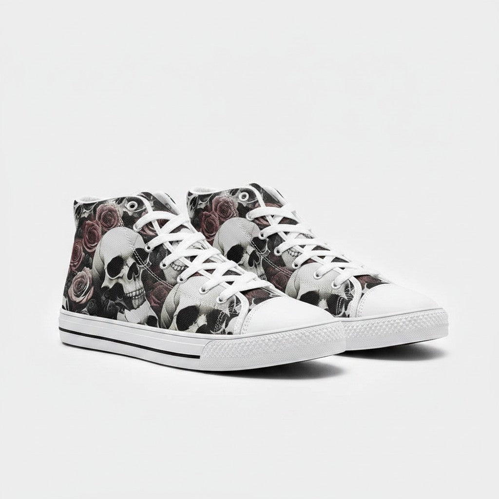 Freaky Shoes® high-top canvas sneakers featuring a gothic skull and rose print with white laces and rubber soles.