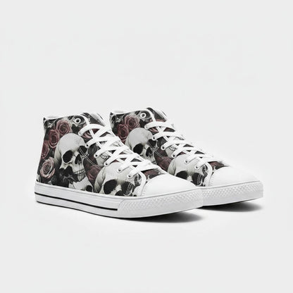 Freaky Shoes® high-top canvas sneakers featuring a gothic skull and rose print with white laces and rubber soles.