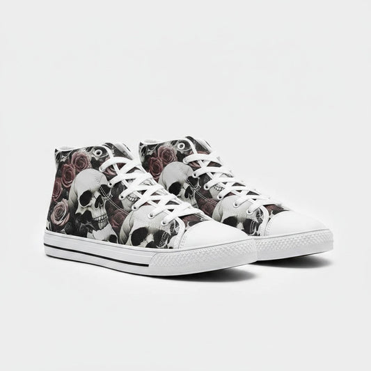 Freaky Shoes® high-top canvas sneakers featuring a gothic skull and rose print with white laces and rubber soles.