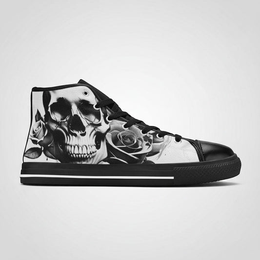 Freaky Shoes® women's black and white high-top canvas sneakers featuring a cartoon skull and rose graphic print.