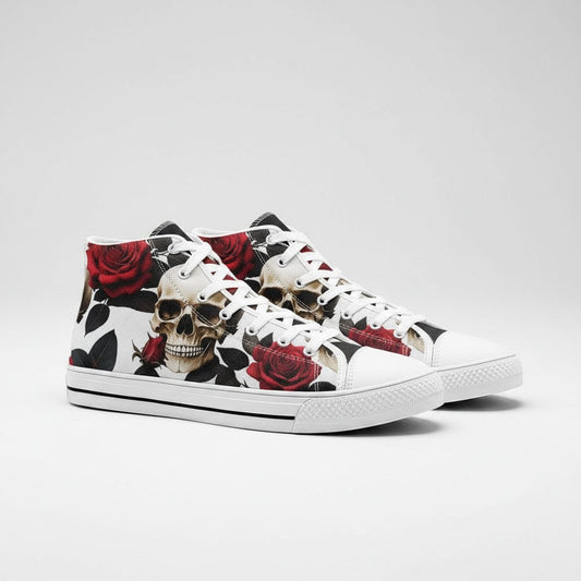 Freaky Shoes® high-top canvas sneakers featuring a detailed black and white skull and red rose floral print pattern.