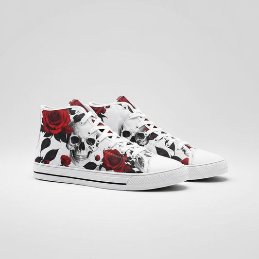 Freaky Shoes® custom high-top canvas sneakers featuring a bold black and white skull and red rose floral print.
