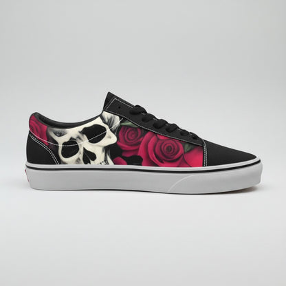 Freaky Shoes® men's low-top canvas skate shoes featuring a black base with a detailed skull and red rose graphic print.
