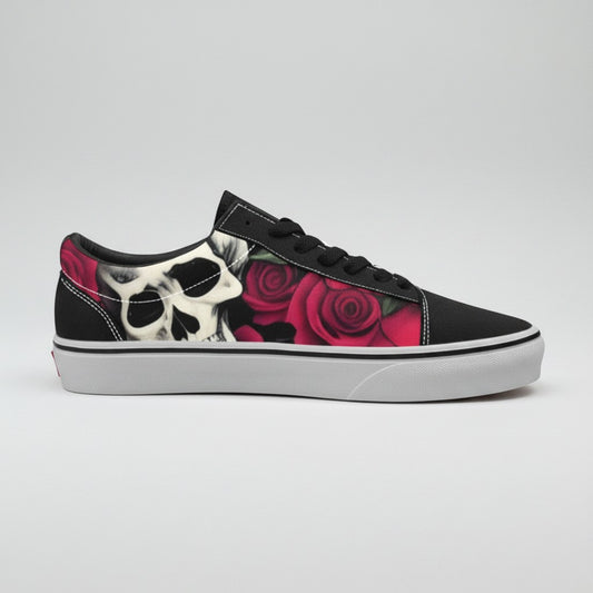 Freaky Shoes® men's low-top canvas skate shoes featuring a black base with a detailed skull and red rose graphic print.