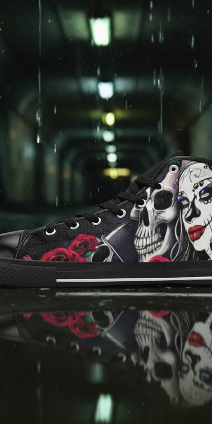 Custom Women's Woman & Skulls high-top canvas shoes with bold all-over art — Freaky Shoes