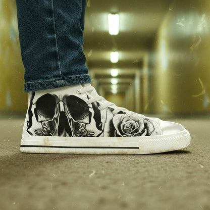 Custom Women's Grey Skull & Roses Black & White high-top canvas shoes with bold all-over art — Freaky Shoes