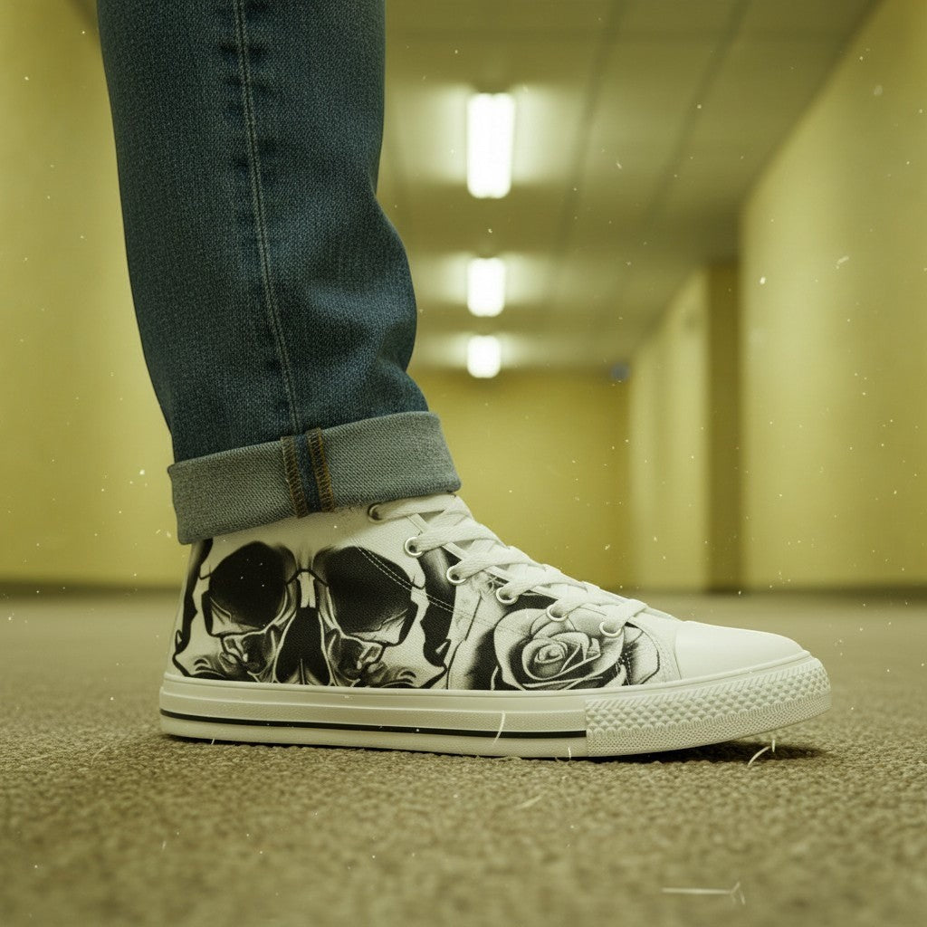 Women's Grey Skull & Roses Black & White high-top canvas shoes, custom full-wrap printed design — Freaky Shoes