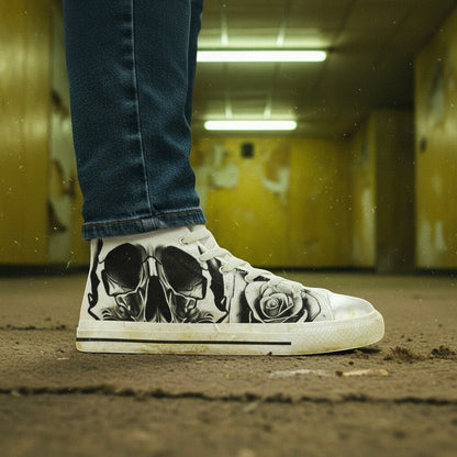 Women's Grey Skull & Roses Black & White custom high-top canvas shoes — wearable art by Freaky Shoes