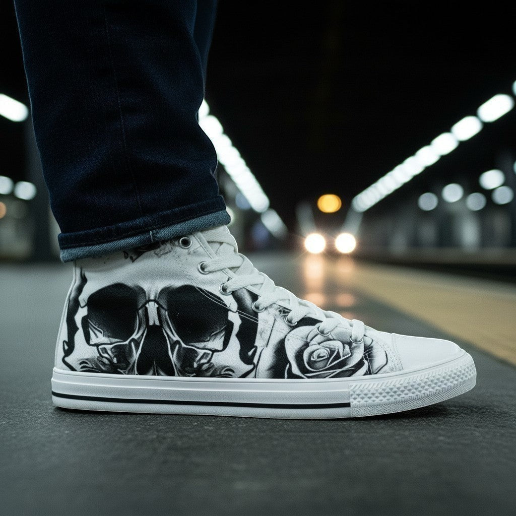 Women's Grey Skull & Roses Black & White high-top canvas shoes, custom full-wrap printed design — Freaky Shoes