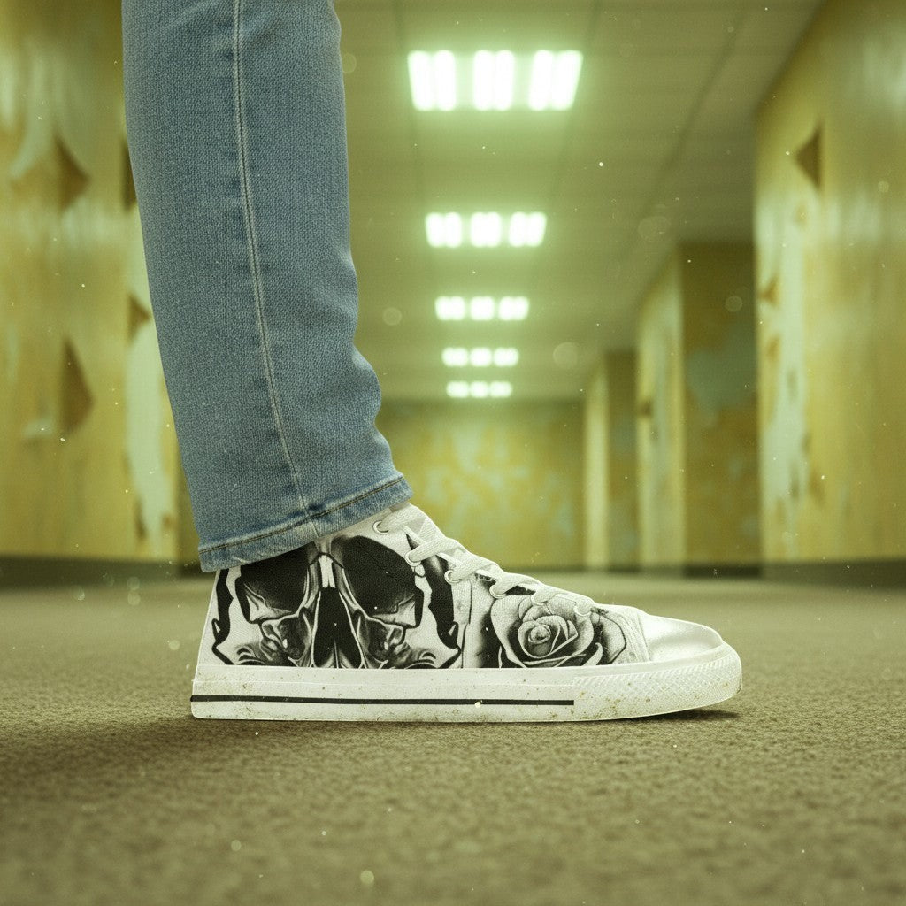 Women's Grey Skull & Roses Black & White high-top canvas shoes, custom full-wrap printed design — Freaky Shoes