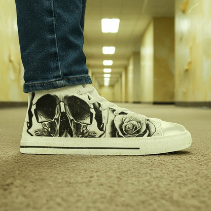 Custom Women's Grey Skull & Roses Black & White high-top canvas shoes with bold all-over art — Freaky Shoes