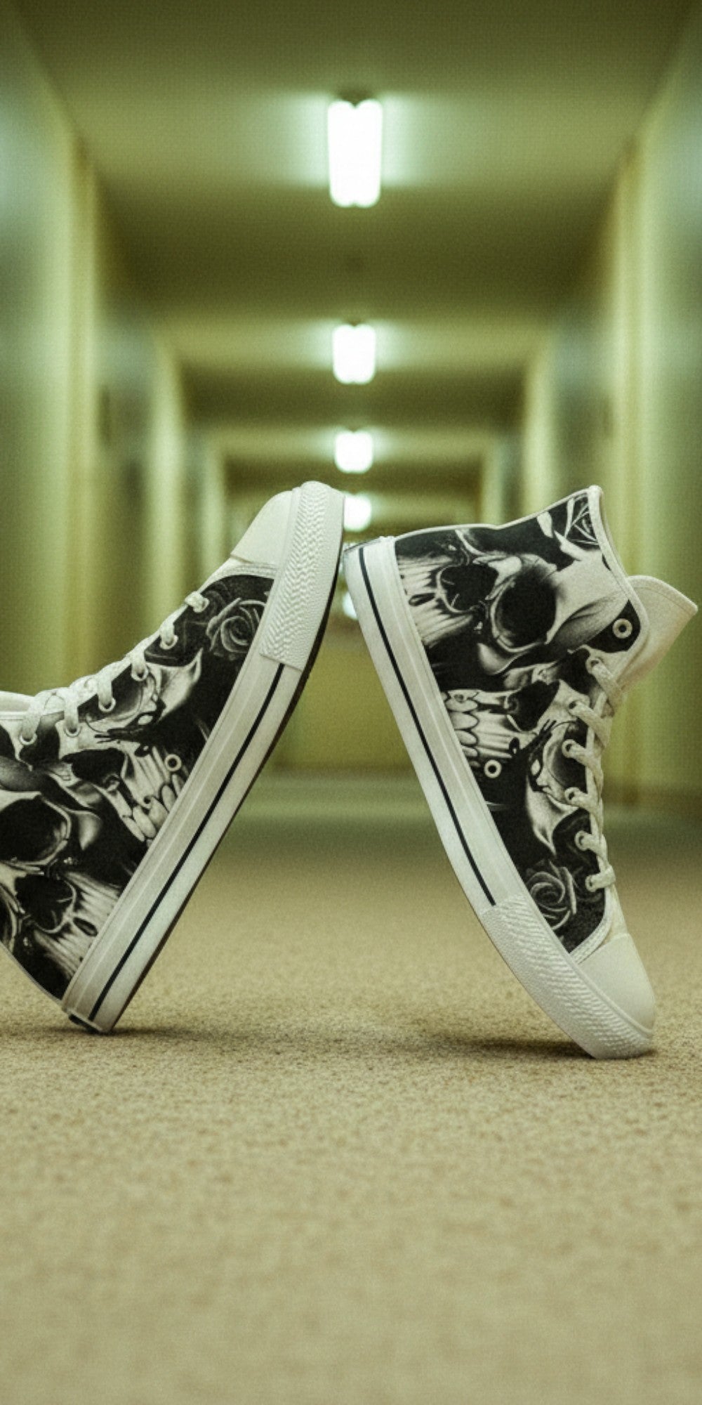 Women's Greyscale Skulls & Roses Black & White high-top canvas shoes — one-of-a-kind custom printed art, Freaky Shoes