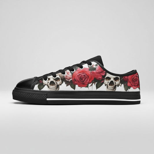 Freaky Shoes® men's low-top canvas sneakers featuring a bold skull and red rose floral print on a white background