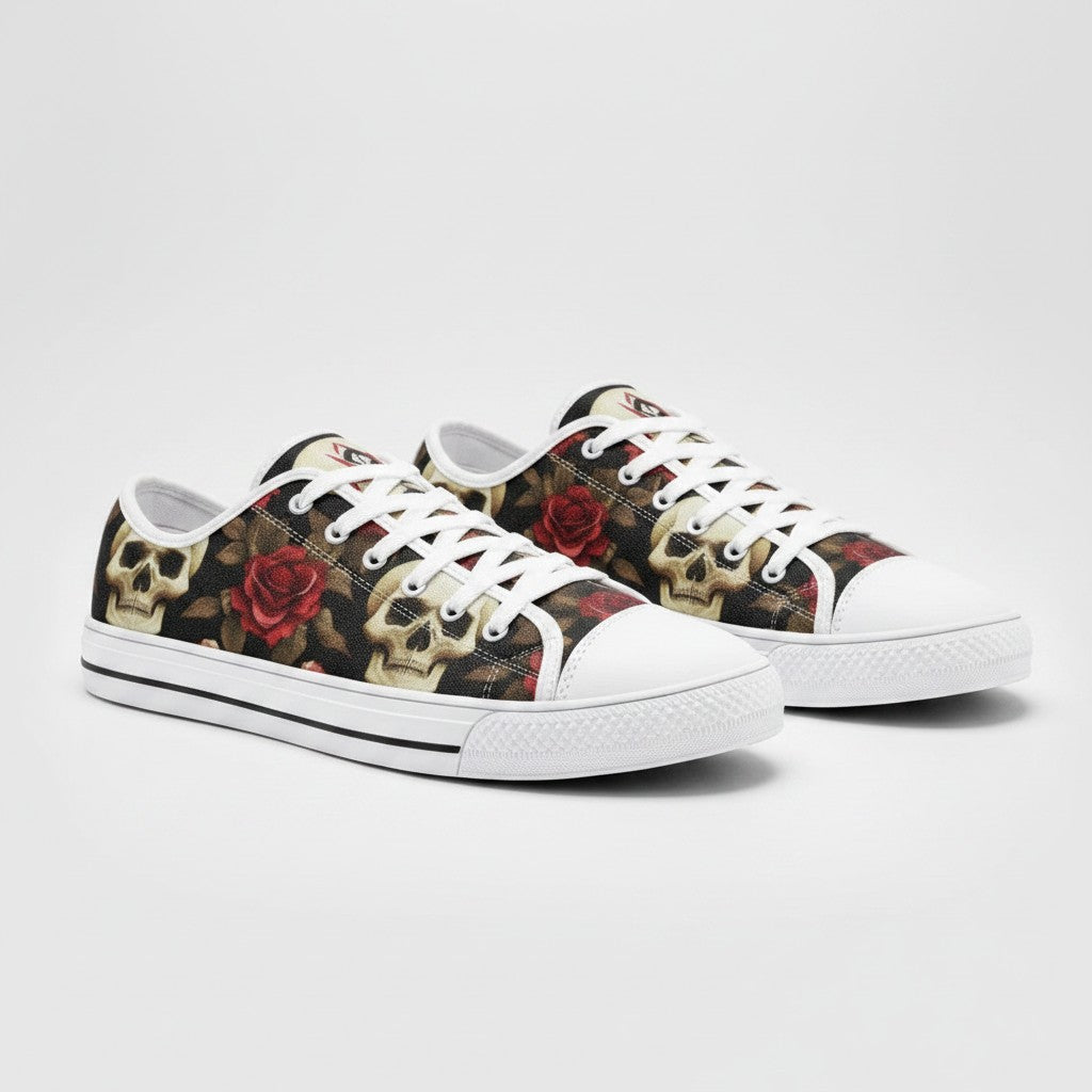 Freaky Shoes® custom canvas sneakers featuring a dark pattern of skulls and red roses with white laces and soles.