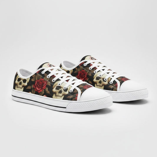 Freaky Shoes® custom canvas sneakers featuring a dark pattern of skulls and red roses with white laces and soles.