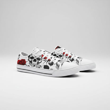 Freaky Shoes® custom high-top canvas sneakers featuring a black and white skull and red rose graphic print.