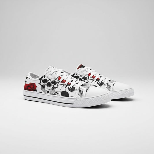Freaky Shoes® custom high-top canvas sneakers featuring a black and white skull and red rose graphic print.