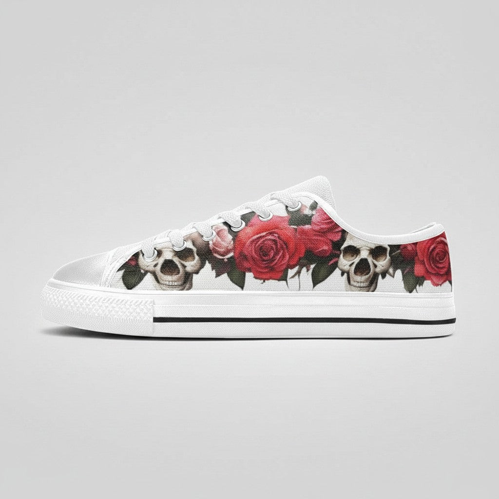 Freaky Shoes® women's low-top canvas sneakers featuring a vibrant red rose and skull print on a white background.