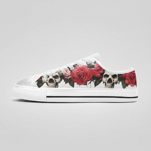 Freaky Shoes® women's low-top canvas sneakers featuring a vibrant red rose and skull print on a white background.