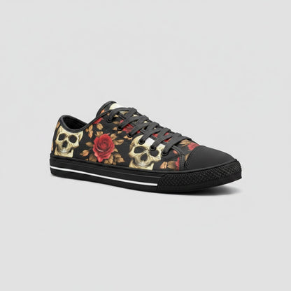 Freaky Shoes® custom canvas low-top sneakers featuring a bold black, red, and beige skull and rose floral print.