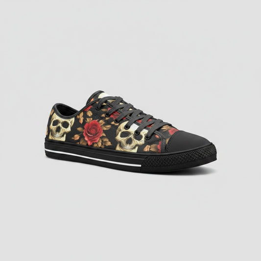 Freaky Shoes® custom canvas low-top sneakers featuring a bold black, red, and beige skull and rose floral print.