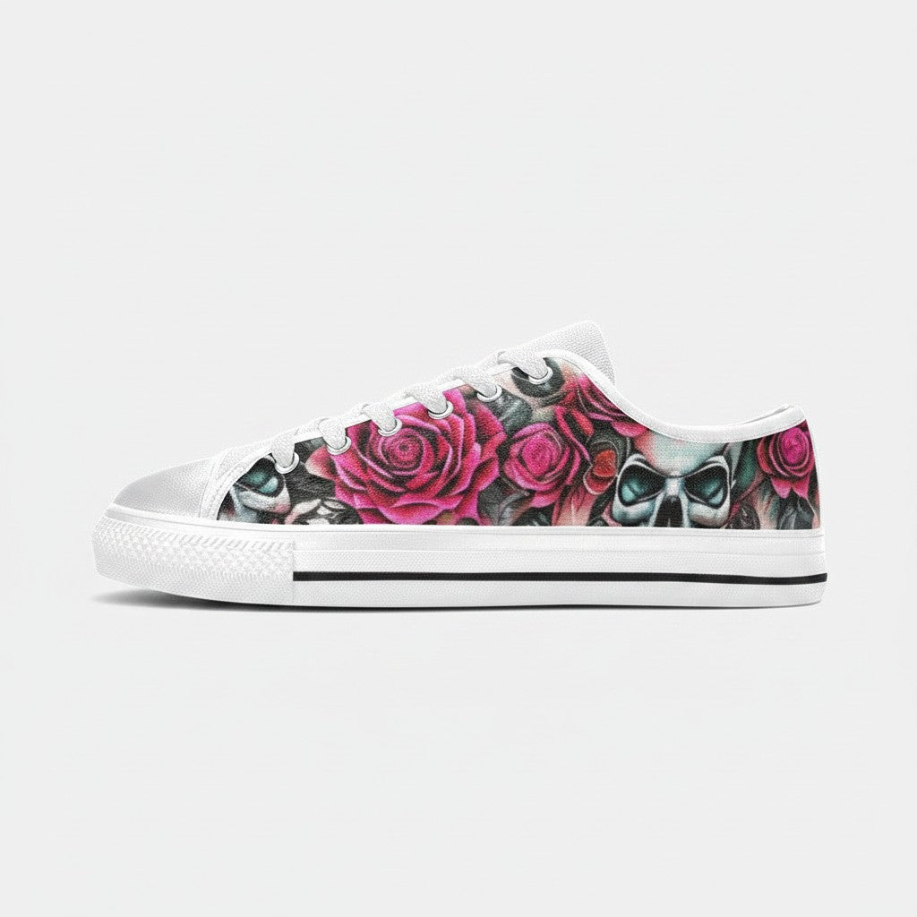 Freaky Shoes® men's low-top canvas sneakers featuring a vibrant skull and rose floral print on a white background.