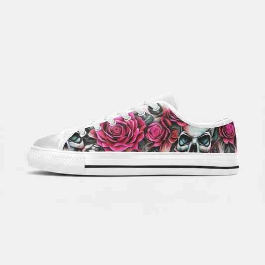Freaky Shoes® men's low-top canvas sneakers featuring a vibrant skull and rose floral print on a white background.