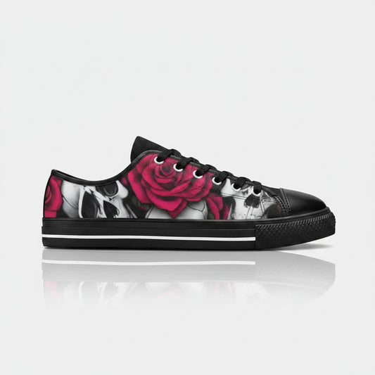 Freaky Shoes® women's low-top canvas sneakers featuring a vibrant skull and red rose print on a black background.