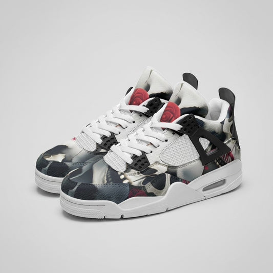 Freaky Shoes® custom high-top canvas sneakers featuring a black and white skull and red rose print with white soles