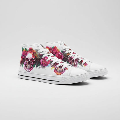 Freaky Shoes® high-top canvas sneakers featuring a vibrant skull and rose floral print on a white background.