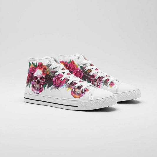 Freaky Shoes® high-top canvas sneakers featuring a vibrant skull and rose floral print on a white background.