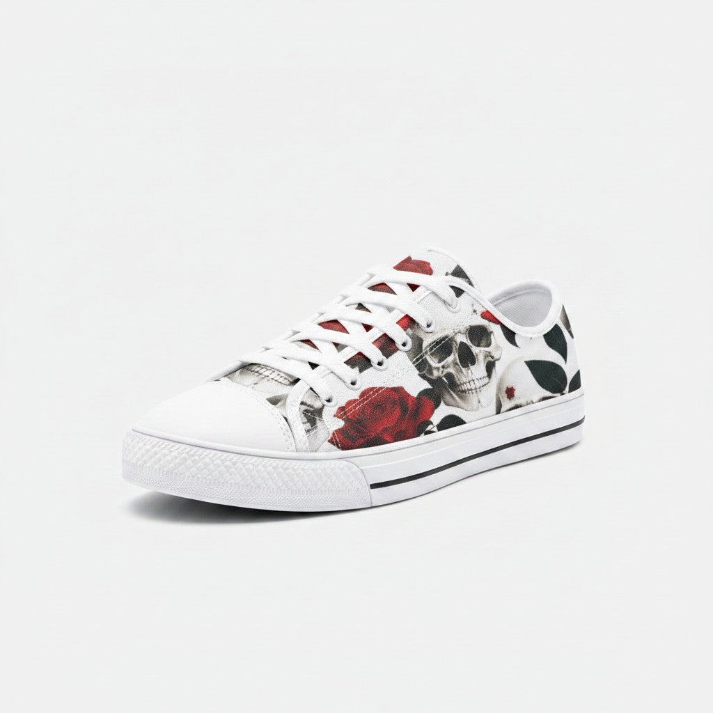 Freaky Shoes® low-top canvas sneakers featuring a white base with a detailed skull and red rose print pattern.