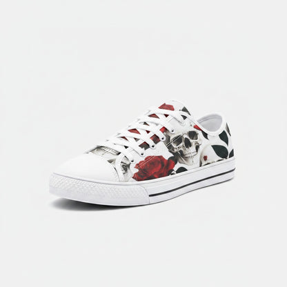 Freaky Shoes® low-top canvas sneakers featuring a white base with a detailed skull and red rose print pattern.