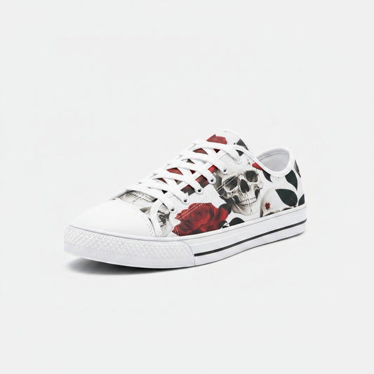Freaky Shoes® low-top canvas sneakers featuring a white base with a detailed skull and red rose print pattern.