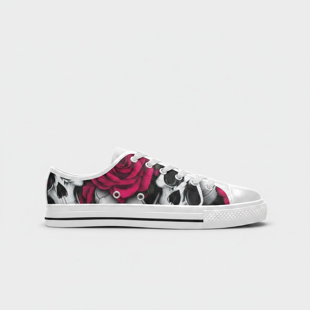 Freaky Shoes® men's low-top canvas sneakers featuring a vibrant red rose and skull graphic print on a white base.