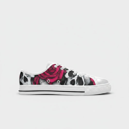 Freaky Shoes® men's low-top canvas sneakers featuring a vibrant red rose and skull graphic print on a white base.