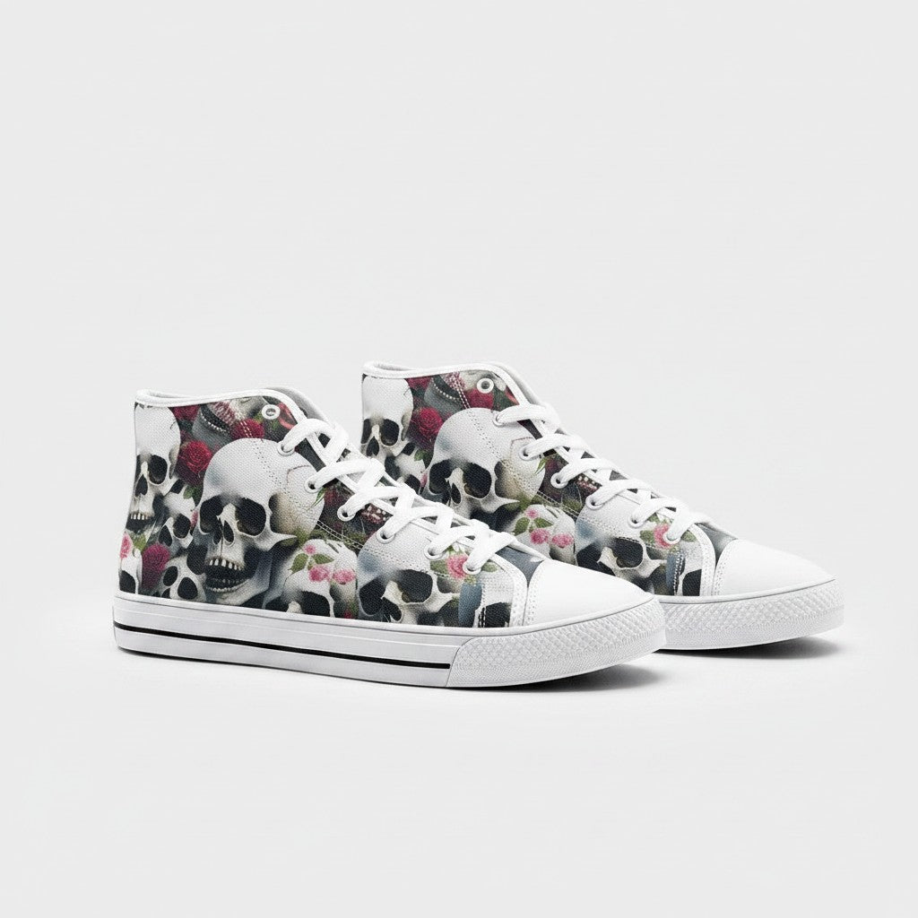 Freaky Shoes® high-top canvas sneakers featuring a detailed black and white skull and red rose floral print pattern.