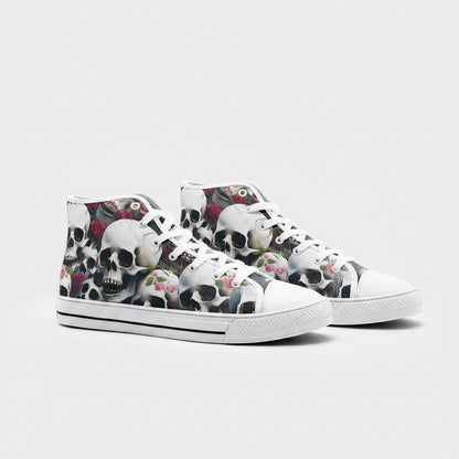 Freaky Shoes® high-top canvas sneakers featuring a detailed black and white skull and red rose floral print pattern.
