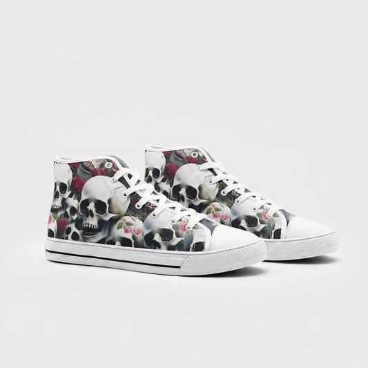 Freaky Shoes® high-top canvas sneakers featuring a detailed black and white skull and red rose floral print pattern.