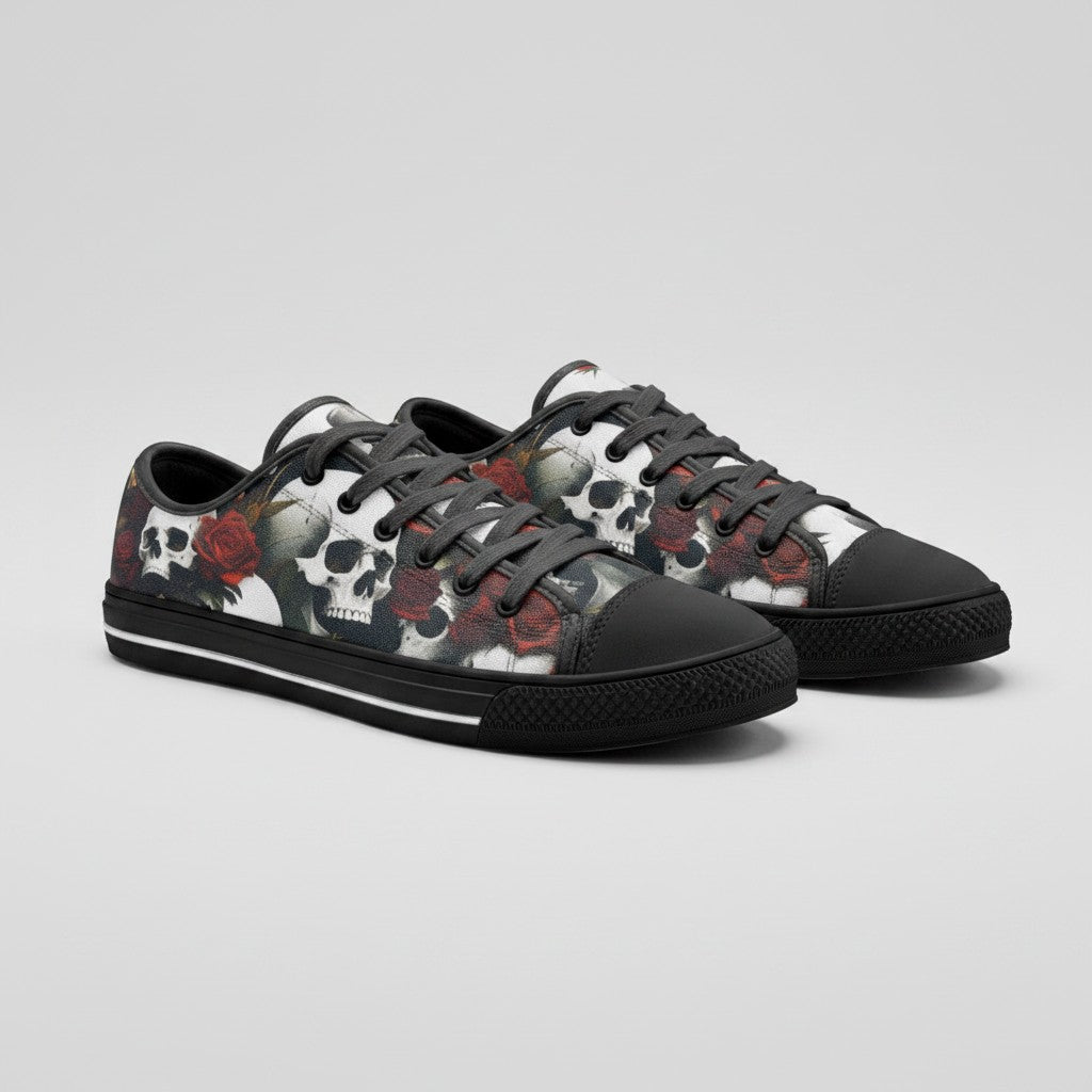 Freaky Shoes® custom high-top canvas sneakers featuring a vibrant skull and rose print with black laces and trim.