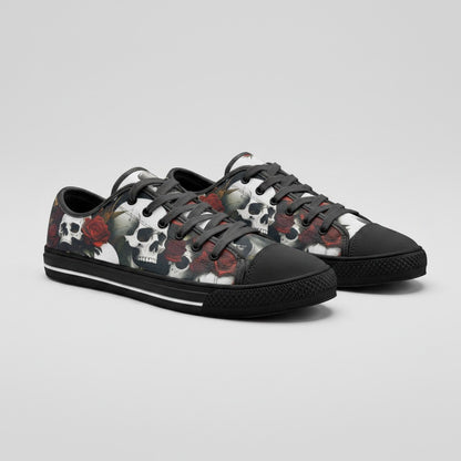 Freaky Shoes® custom high-top canvas sneakers featuring a vibrant skull and rose print with black laces and trim.