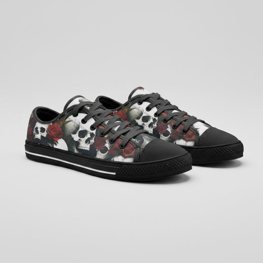 Freaky Shoes® custom high-top canvas sneakers featuring a vibrant skull and rose print with black laces and trim.