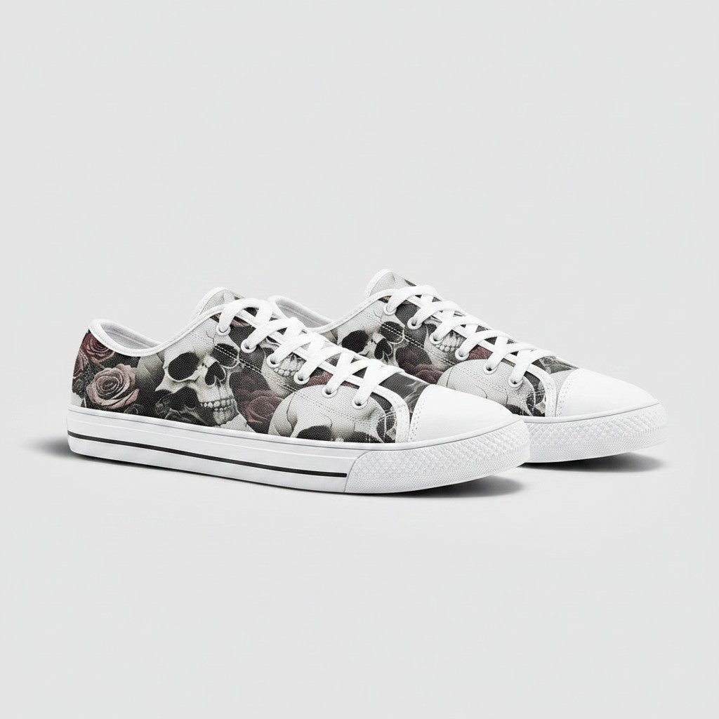 Freaky Shoes® custom canvas sneakers featuring a detailed skull and rose print with white laces and rubber toe caps.